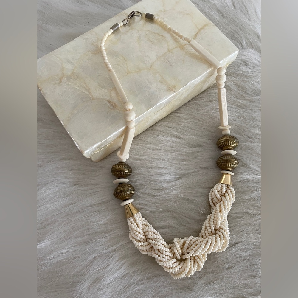 Vintage Cream Beaded Knot Necklace with Brass Accents